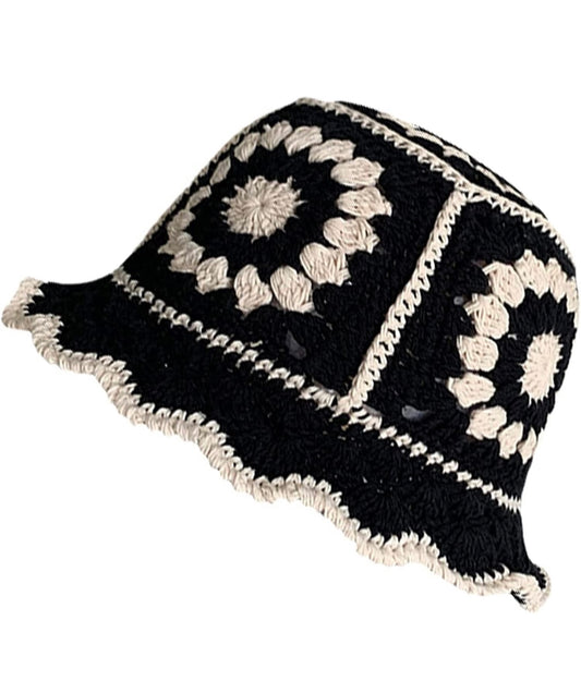 Black floral crochet bucket hat