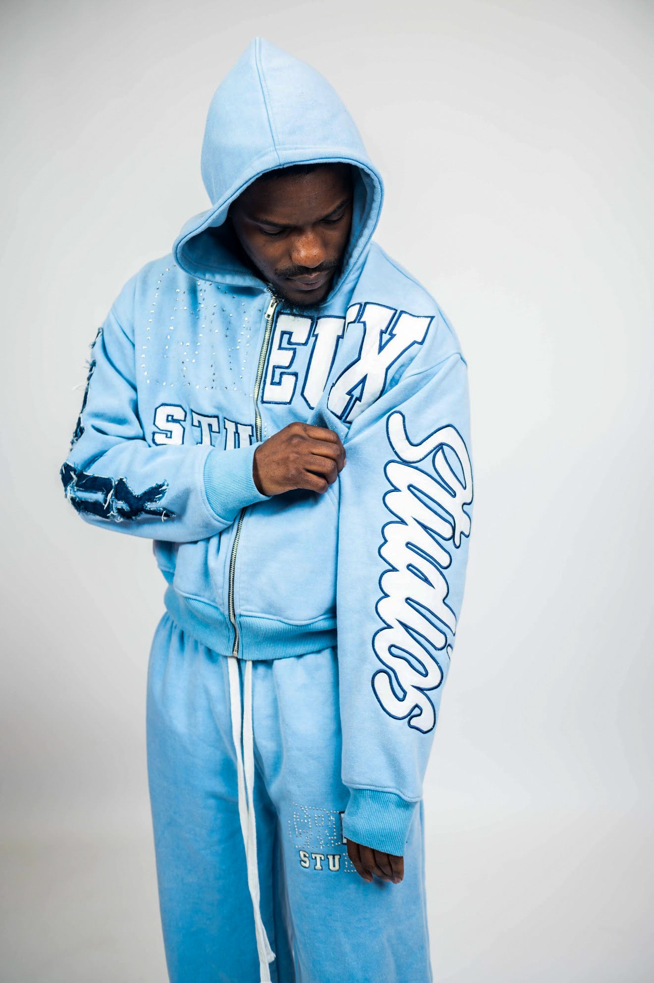 CREUX Signature Rhinestone Skull Tracksuit— Ash Blue