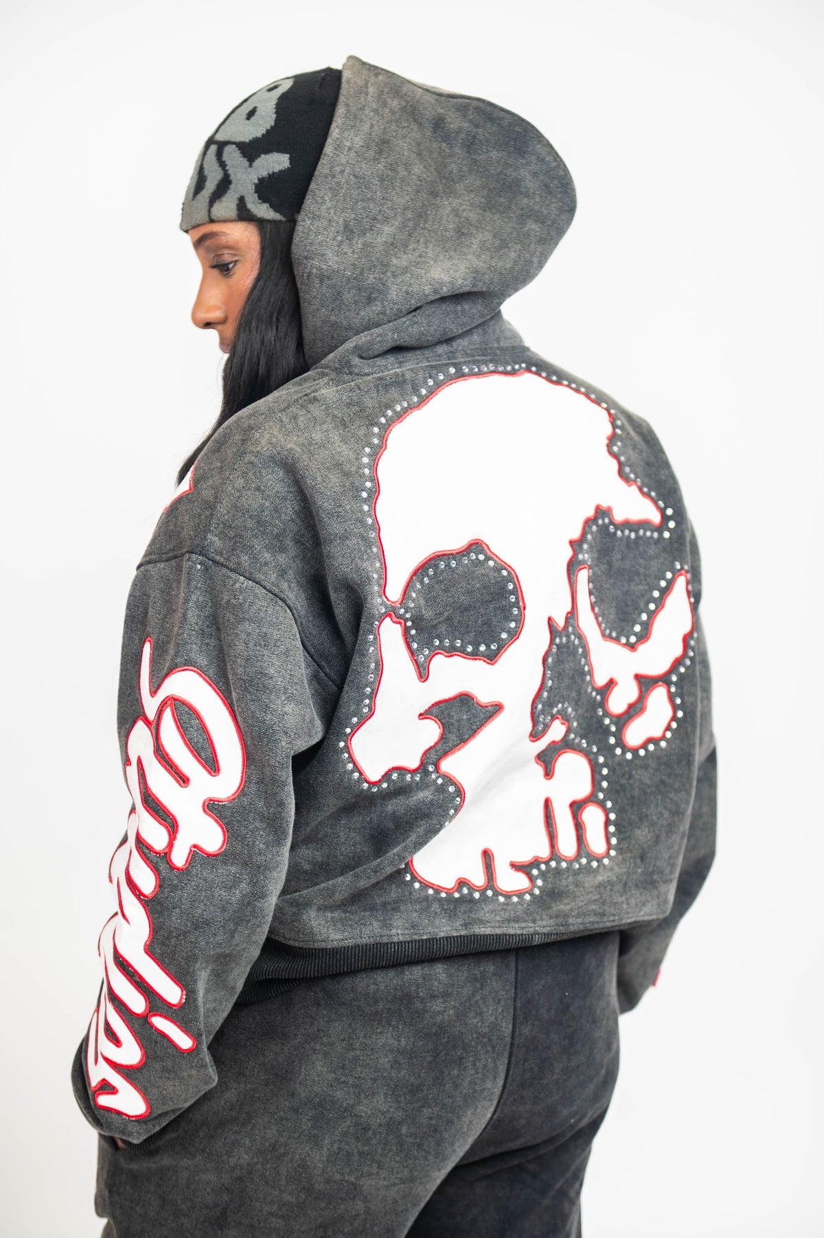 Crustsox Merch CREUX Signature Rhinestone Skull Tracksuit – Ash Black – Leilaandstitch