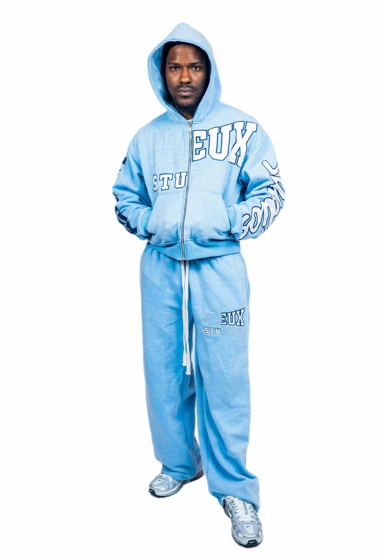 CREUX Signature Rhinestone Skull Tracksuit— Ash Blue – Leilaandstitch