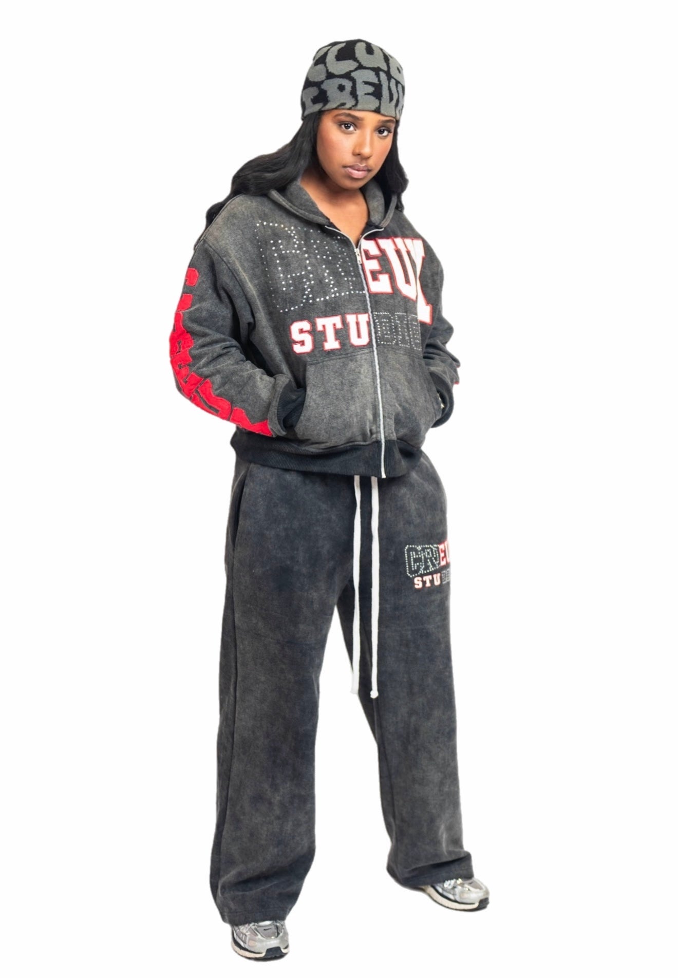 CREUX Signature Rhinestone Skull Tracksuit – Ash Black