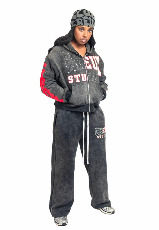 CREUX Signature Rhinestone Skull Tracksuit – Ash Black