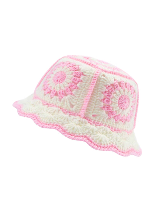 Pink & white crochet bucket hat