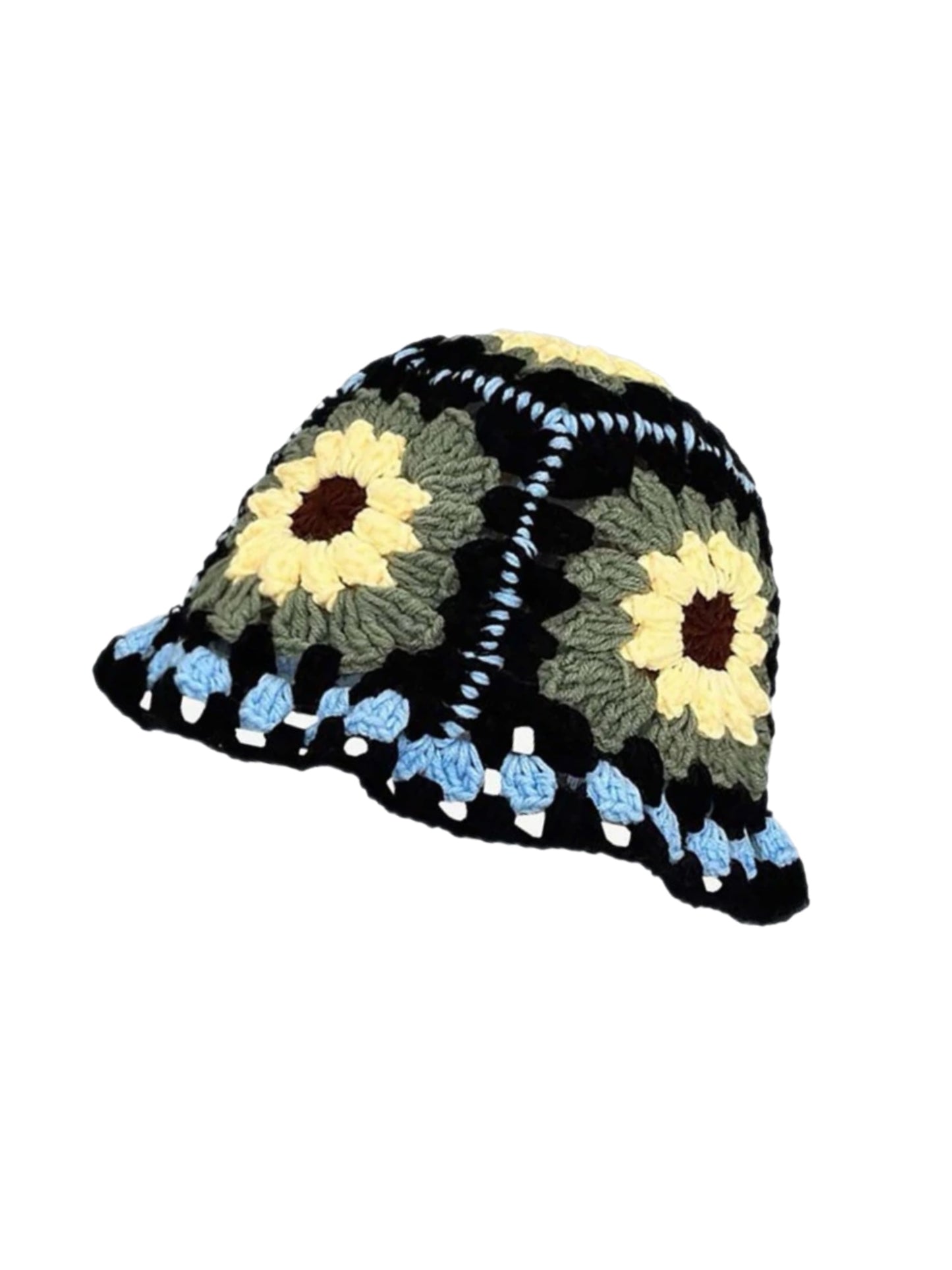 Black & blue floral crochet hat